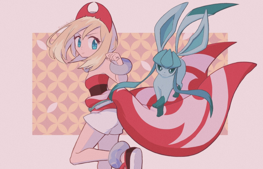 aqua_eyes artist_name ass bare_shoulders blonde_hair blue_eyes blue_hair border bracelet breasts clenched_hand closed_mouth commentary_request female flute from_behind glaceon hairband hand_up highres instrument irida_(pokemon) jewelry leg_up legs lemonade_kokoi long_hair looking_at_another looking_at_viewer looking_back medium_hair multicolored_hair outside_border partial_commentary pink_border pokemon pokemon_(creature) pokemon_legends:_arceus red_hairband red_shirt shirt shoes short_shorts shorts sidelocks signature small_breasts standing standing_on_one_leg strapless strapless_shirt tube_top twintails twitter_username two-tone_hair v-shaped_eyebrows white_footwear white_shorts