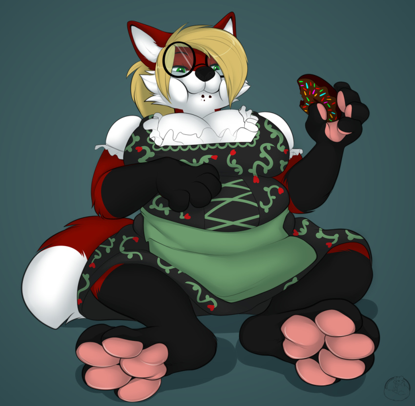 4_toes 5_fingers anthro barefoot big_breasts blonde_hair breasts canid canine carifoxleopard claire_ann_fuchs cleavage clothed clothing dessert dirndl doughnut eating eyewear feet female fingers food food_on_face fox glasses gloves_(marking) green_eyes hair leg_markings mammal markings pastry pawpads paws ponytail slightly_chubby socks_(marking) toes