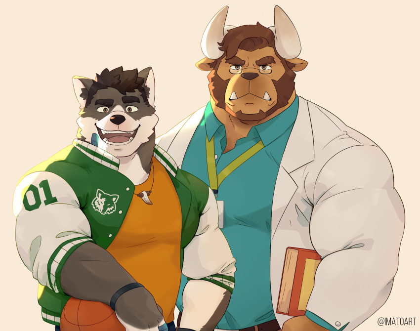 absurd_res anthro ball basketball_(ball) beard book bovid bovine canid canine canis cattle clothing domestic_dog duo eyewear facial_hair glasses hi_res horn imato jacket letterman_jacket male male/male mammal topwear