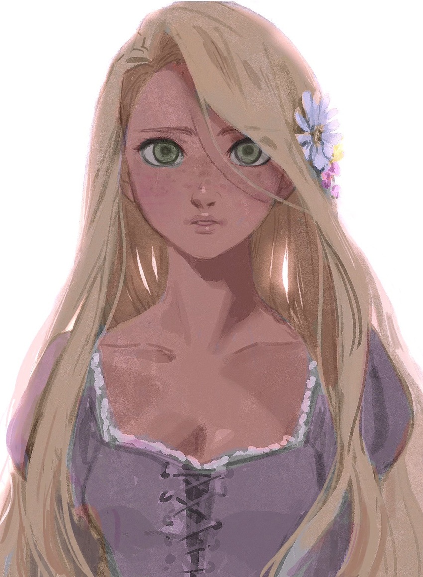 arms_at_sides backlighting blonde_hair breasts cleavage collarbone commentary_request cross-laced_clothes expressionless eyes_visible_through_hair female flower freckles green_eyes hair_flower hair_ornament highres lace lace_trim long_hair looking_at_viewer masso parted_lips pink_flower puffy_sleeves rapunzel_(disney) shade simple_background small_breasts solo straight_hair swept_bangs tangled upper_body very_long_hair white_background white_flower yellow_flower