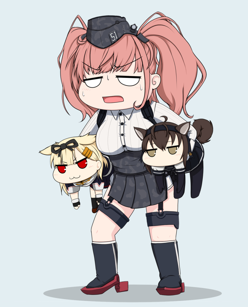 3girls :3 animal_ears atlanta_(kancolle) black_gloves black_skirt blonde_hair blue_background breasts brown_eyes brown_hair carrying carrying_under_arm dog_ears dog_tail fingerless_gloves garrison_cap garter_straps gloves hachimaki hair_ornament hair_ribbon hairclip hat hatsuzuki_(kancolle) headband highres kantai_collection kemonomimi_mode large_breasts long_hair multiple_girls no_mouth open_mouth red_eyes ribbon simple_background skirt standing suspender_skirt suspenders sweat tail two_side_up yakuto007 yuudachi_(kancolle) yuudachi_kai_ni_(kancolle)