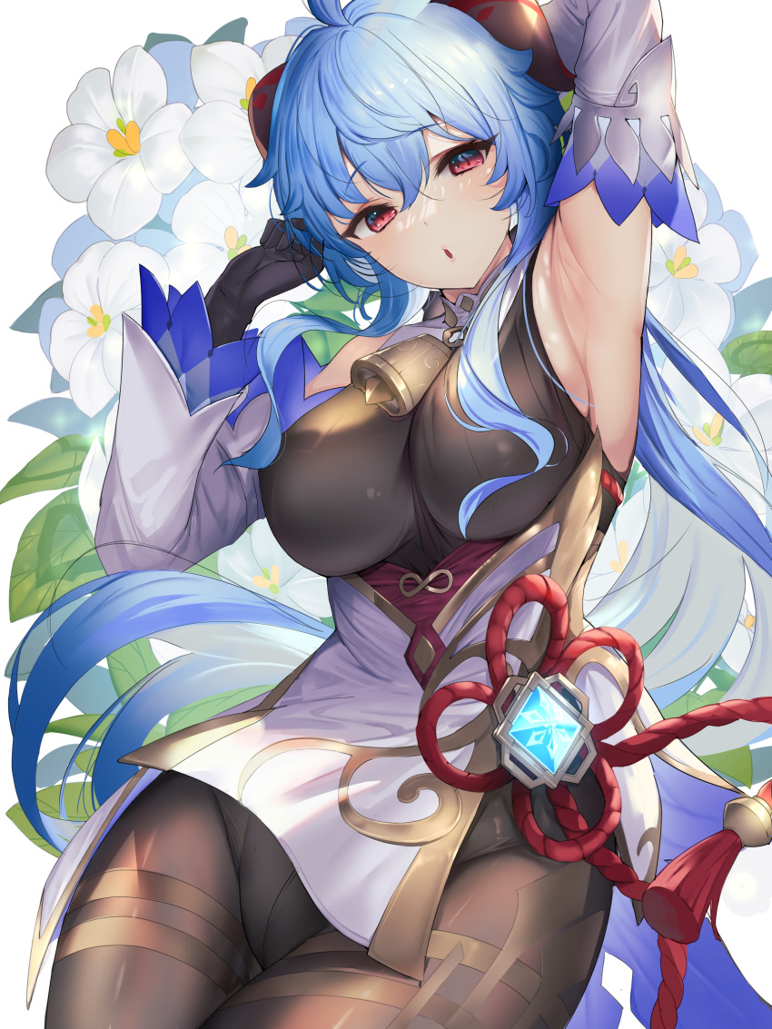 :o ahoge arm_up armpits bare_shoulders bell black_gloves black_leotard black_pantyhose blue_hair bodystocking breasts chinese_knot cowbell cowboy_shot detached_collar detached_sleeves female floral_background flower ganyu_(genshin_impact) genshin_impact gloves goat_horns gold_trim groin hand_up highres horns large_breasts leaf leotard leotard_under_clothes long_hair long_sleeves looking_at_viewer matsumoto_mitsuaki neck_bell pantyhose parted_lips pelvic_curtain ponytail purple_eyes qingxin_flower sideboob sidelocks simple_background solo tassel very_long_hair vision_(genshin_impact) white_background white_flower white_sleeves