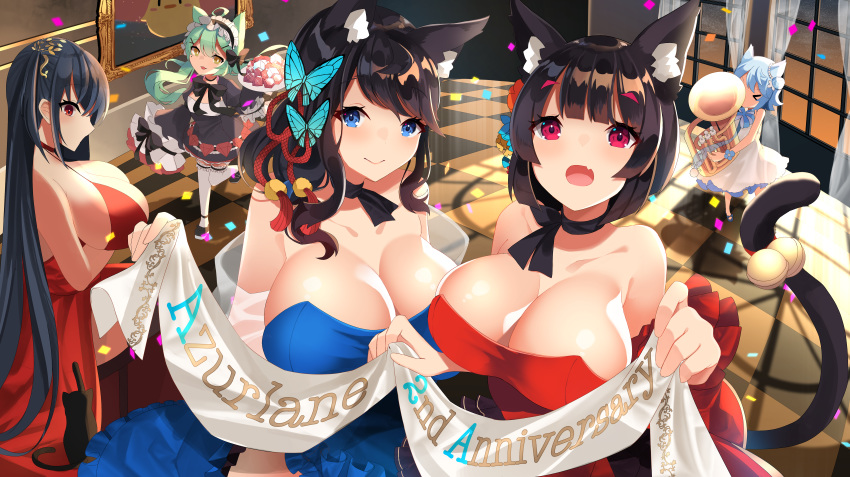 >_< 5girls absurdres ahoge akashi_(azur_lane) akashi_(the_black_cat_cometh!)_(azur_lane) animal_ears azur_lane bare_shoulders black_bow black_dress black_hair blue_butterfly blue_dress blue_eyes blue_hair blush bow breasts bug butterfly butterfly_hair_ornament cat_ears choker cleavage cocktail_dress collarbone commentary_request dress flower frilled_legwear frills fubuki_(azur_lane) fubuki_(music_pixy)_(azur_lane) fusou_(azur_lane) green_hair hair_between_eyes hair_flower hair_ornament hair_ribbon hairband highres huge_breasts indoors large_breasts long_hair looking_at_viewer mismatched_eyebrows mole mole_under_eye multiple_girls oerba_yun_fang official_alternate_costume open_mouth red_choker red_dress red_eyes ribbon short_hair sleeves_past_wrists smile taihou_(azur_lane) taihou_(forbidden_feast)_(azur_lane) thighhighs very_long_hair white_dress yamaha_tsui yamashiro_(azur_lane) yamashiro_(dressy_black_cat)_(azur_lane) yellow_eyes