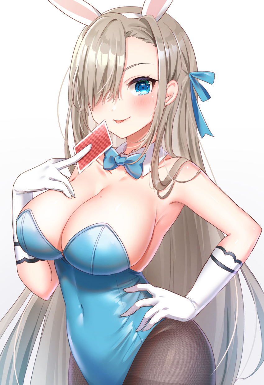 :p absurdres animal_ears asuna_(blue_archive) asuna_(bunny)_(blue_archive) black_pantyhose blonde_hair blue_archive blue_bow blue_bowtie blue_eyes blue_leotard blue_ribbon blush bow bowtie breasts card cleavage commentary_request covered_navel detached_collar fake_animal_ears female gloves hair_over_one_eye hair_ribbon hairband hand_on_own_hip highres holding holding_card large_breasts leotard long_hair looking_at_viewer mole mole_on_breast official_alternate_costume pantyhose playboy_bunny rabbit_ears ribbon sideboob smile solo strapless strapless_leotard tongue tongue_out traditional_bowtie umishima_rinta very_long_hair white_gloves white_hairband