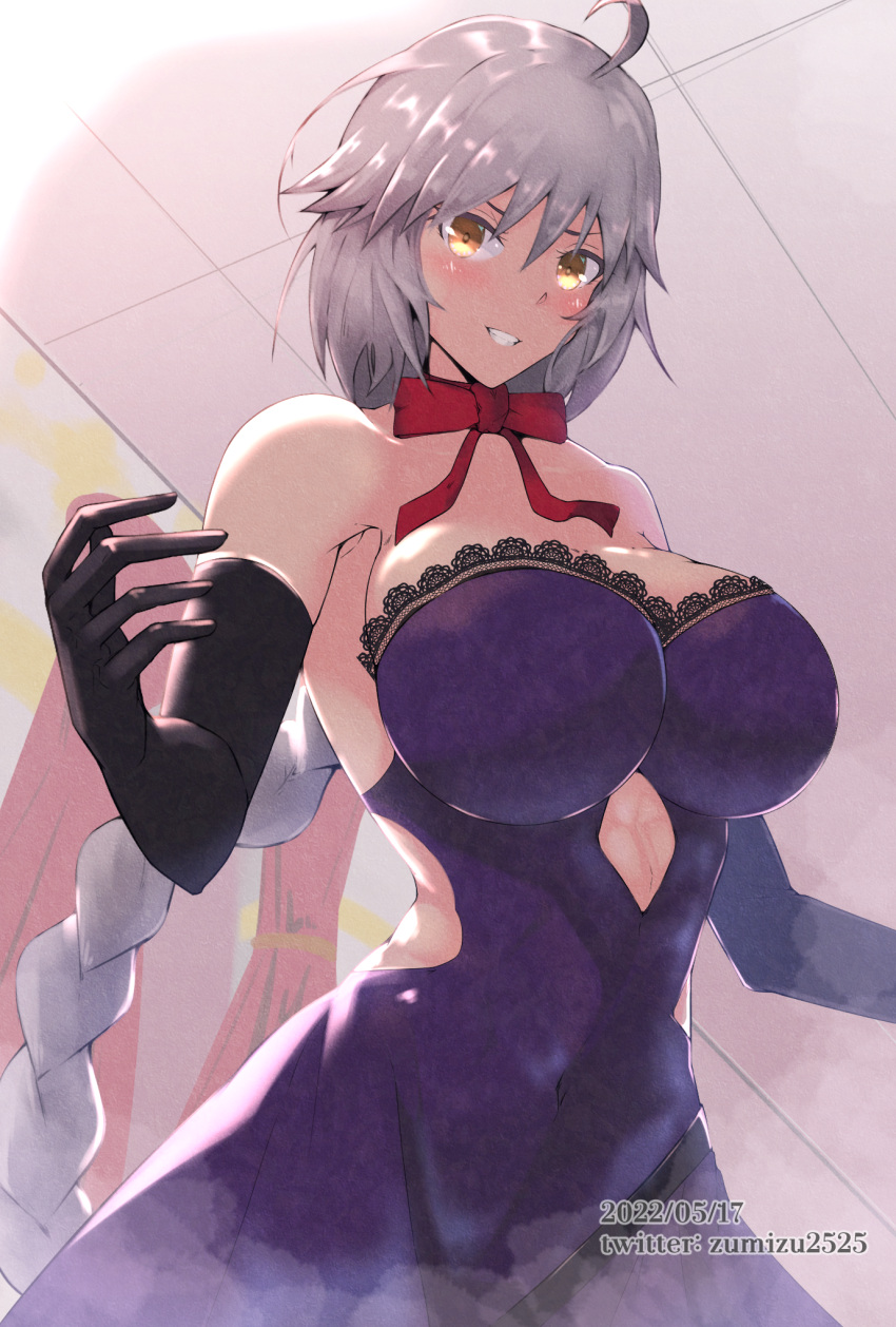 ahoge bare_shoulders black_gloves braid braided_ponytail breasts cleavage covered_navel dress elbow_gloves fate/grand_order fate_(series) female gloves grey_hair grin highres jeanne_d'arc_alter_(fate) jeanne_d'arc_alter_(holy_night_supper)_(fate) lace-trimmed_dress lace_trim large_breasts long_hair looking_at_viewer neck_ribbon purple_dress ribbon smile solo very_long_hair yellow_eyes zumizu