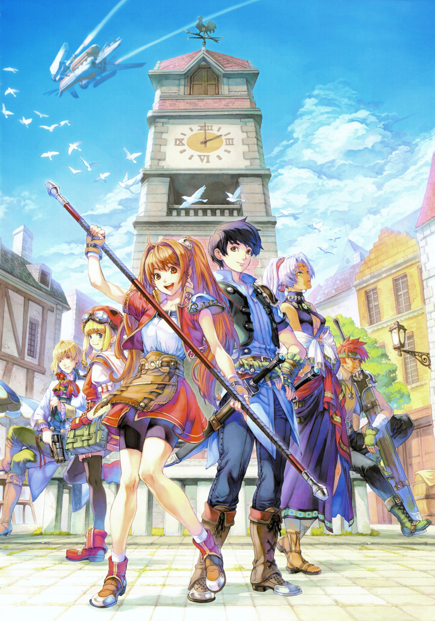 3boys 3girls absurdres agate_crosner aircraft bike_shorts bird black_hair blonde_hair bo_staff boots brown_hair clock clock_tower crossed_legs day eiyuu_densetsu estelle_bright goggles goggles_on_head hat headband high_ponytail highres holding holding_polearm holding_weapon joshua_bright long_hair multiple_boys multiple_girls non-web_source official_art olivert_reise_arnor open_mouth outdoors polearm purple_hair red_hair sandals scan scherazard_harvey sheath sheathed short_hair sitting smile sora_no_kiseki standing sword tita_russell tower town weapon