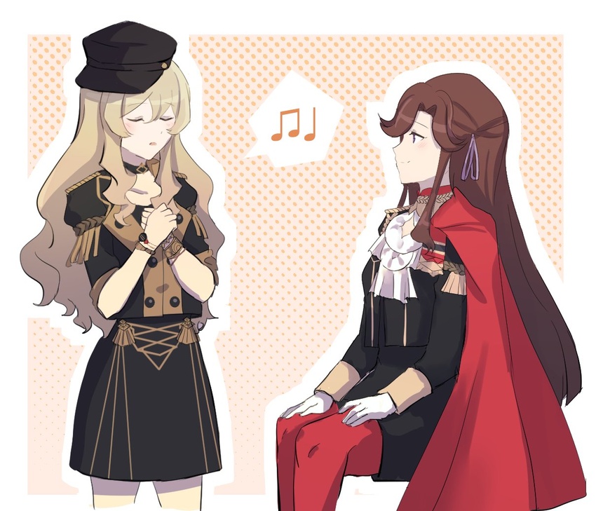 2girls blonde_hair blush breasts brown_hair choker cleavage commentary_request cosplay dorothea_arnault dorothea_arnault_(cosplay) earrings edelgard_von_hresvelg edelgard_von_hresvelg_(cosplay) eliln fire_emblem fire_emblem:_three_houses garreg_mach_monastery_uniform gloves hair_ornament hair_ribbon hat jewelry long_hair looking_at_viewer multiple_girls music pantyhose ribbon saijou_claudine shoujo_kageki_revue_starlight simple_background singing tendou_maya uniform yuri