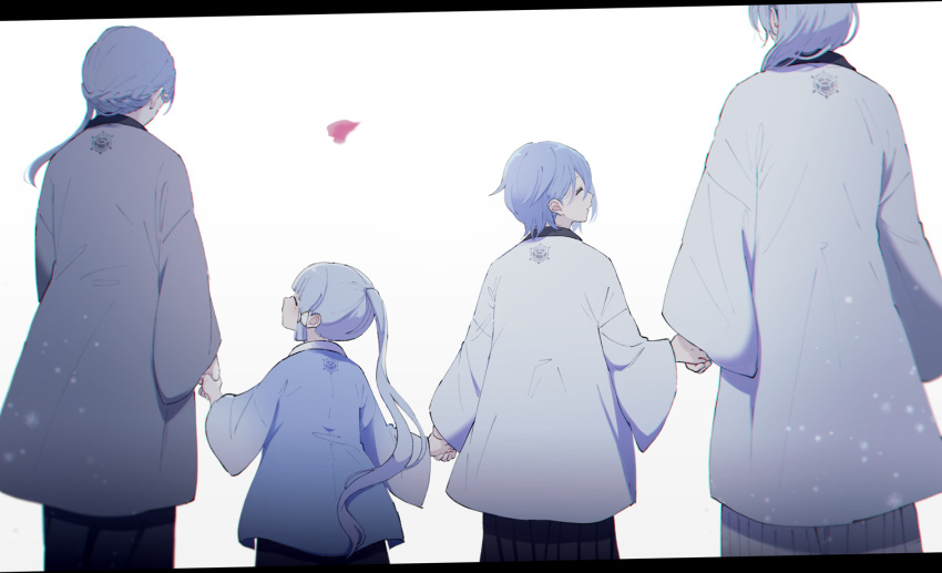 2boys 2girls blue_hair brother_and_sister closed_eyes commentary_request crest family family_crest father_and_daughter father_and_son from_behind genshin_impact holding_hands husband_and_wife kamisato_ayaka kamisato_ayato kamisato_kayo letterboxed long_sleeves mother_and_daughter mother_and_son multiple_boys multiple_girls ponytail siblings sidelocks uro_(urooooboe) wide_sleeves