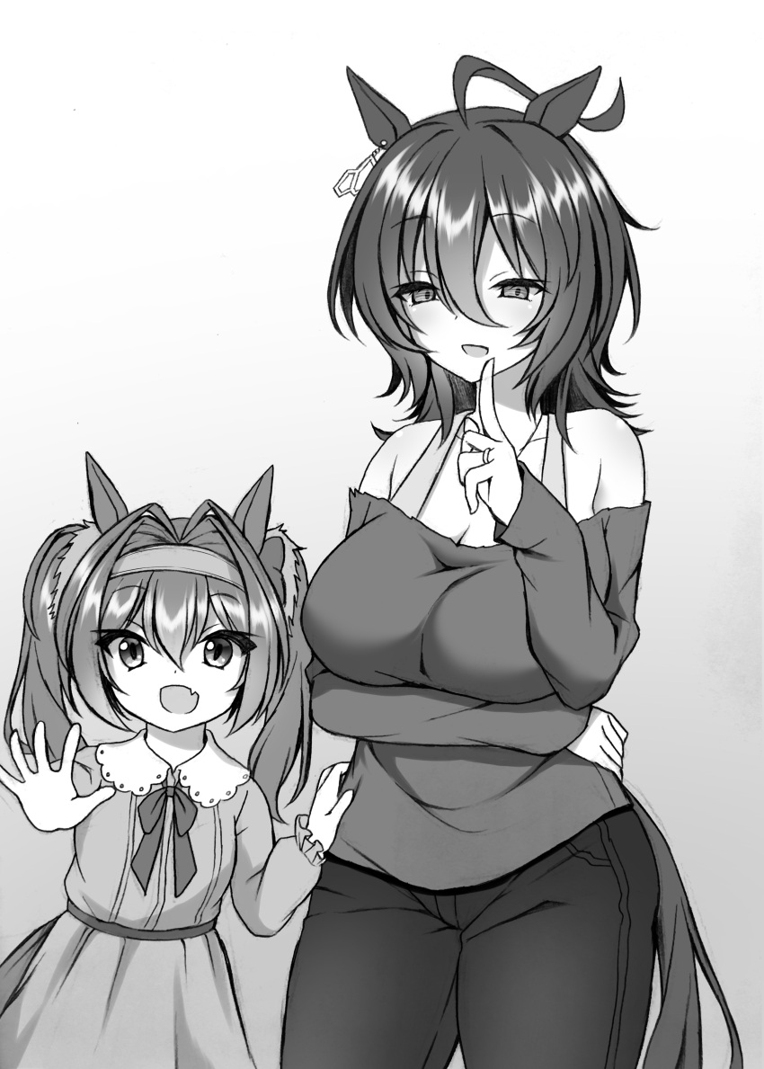 2girls :d :o absurdres aged_down agnes_tachyon_(umamusume) ahoge alternate_costume animal_ears bad_id bad_pixiv_id bare_shoulders breasts cleavage daiwa_scarlet_(umamusume) earrings finger_to_mouth greyscale hair_intakes hairband highres horse_ears horse_girl horse_tail jewelry large_breasts long_hair looking_at_viewer monochrome mother_and_daughter multiple_girls nonexistent_memories_(jujutsu_kaisen) oerba_yun_fang off-shoulder_shirt off_shoulder open_mouth pants ring ryochapu shirt short_hair single_earring smile tail twintails umamusume wedding_ring