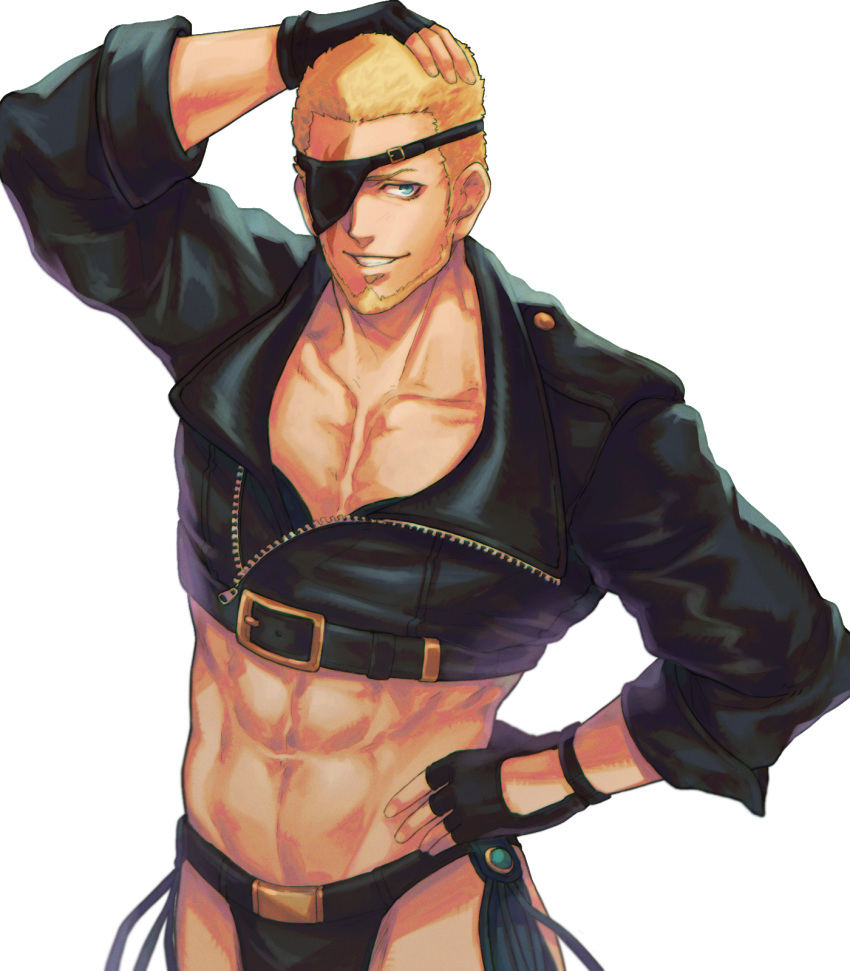 1boy abs angel_(kof) angel_(kof)_(cosplay) arm_up beard black_gloves black_jacket black_male_underwear blonde_hair blue_eyes chaps collarbone commentary cosplay crop_top cropped_jacket english_commentary eyepatch facial_hair fingerless_gloves gloves grin hand_on_own_head hand_on_own_hip happy highres jacket ktovhinao long_sleeves looking_at_viewer male_focus male_underwear mature_male obliques pectoral_cleavage pectorals ramon_(kof) short_hair simple_background smile solo stomach the_king_of_fighters toned toned_male underwear white_background zipper zipper_pull_tab