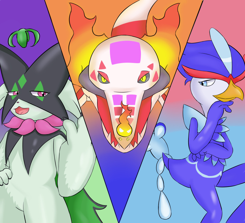 ambiguous_gender felid feline generation_9_pokemon group hi_res mammal meowscarada nameigo nintendo pokemon pokemon_(species) quaquaval skeledirge solo trio