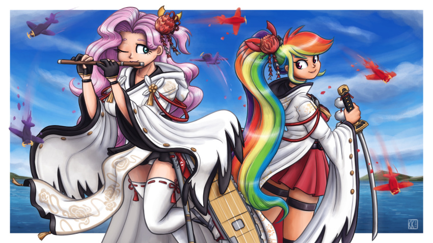 2girls aircraft aircraft_carrier azur_lane blue_eyes breasts commission cosplay crossover dress flower flute fluttershy_(mlp) hair_flower hair_ornament highres holding holding_sword holding_weapon instrument japanese_clothes katana kimono king-kakapo long_hair long_sleeves magic military military_vehicle miniskirt multicolored_hair multiple_girls music my_little_pony my_little_pony:_friendship_is_magic outdoors personification playing_instrument purple_hair rainbow_dash_(mlp) rainbow_hair red_dress red_eyes red_flower red_skirt rigging sash sheath sheathed ship short_dress shoukaku_(azur_lane) shoukaku_(azur_lane)_(cosplay) skirt smile sword thighhighs very_long_hair warship water watercraft weapon white_kimono white_thighhighs wide_sleeves yukata zettai_ryouiki zuikaku_(azur_lane) zuikaku_(azur_lane)_(cosplay)