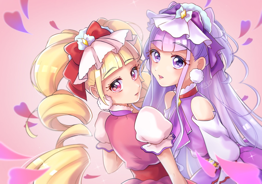 2girls agura_dou aisaki_emiru ascot bad_id bad_pixiv_id blonde_hair blunt_bangs bow commentary cure_amour cure_macherie hairbow heart highres hugtto!_precure long_hair looking_at_viewer magical_girl multiple_girls pink_background pink_eyes precure purple_ascot purple_bow purple_eyes purple_hair red_bow ruru_amour signature simple_background twintails upper_body