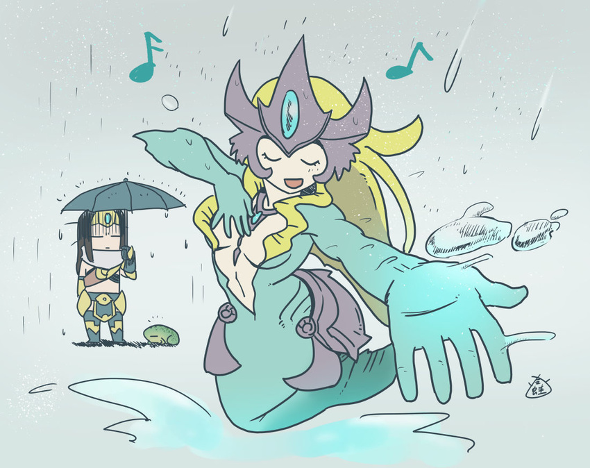 2girls breasts center_opening cleavage commentary frog league_of_legends leng_wa_guo long_hair medium_breasts mermaid midriff monster_girl multiple_girls music nami_(league_of_legends) navel rain scales singing sivir smile tail umbrella