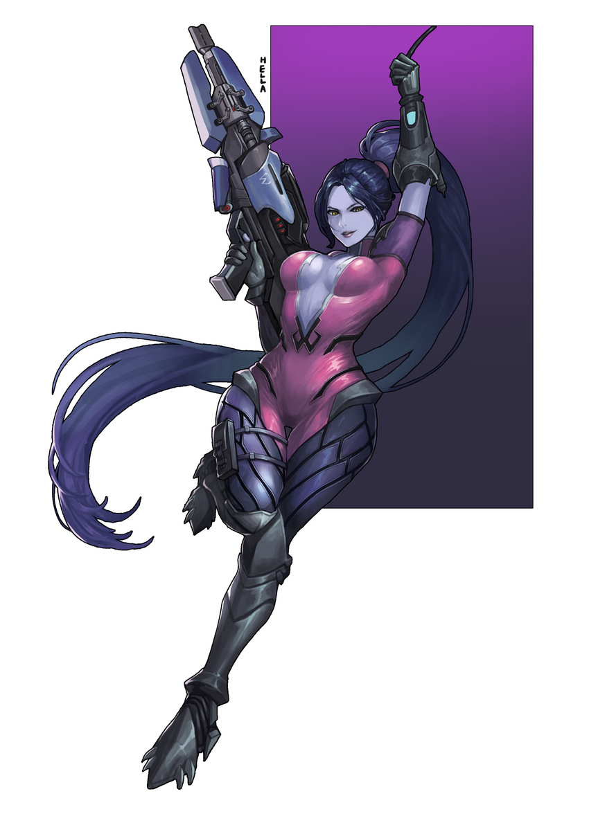 absurdres breasts center_opening cleavage drogod female gun highres looking_at_viewer overwatch ponytail purple_hair purple_skin smile solo swinging weapon widowmaker_(overwatch) yellow_eyes