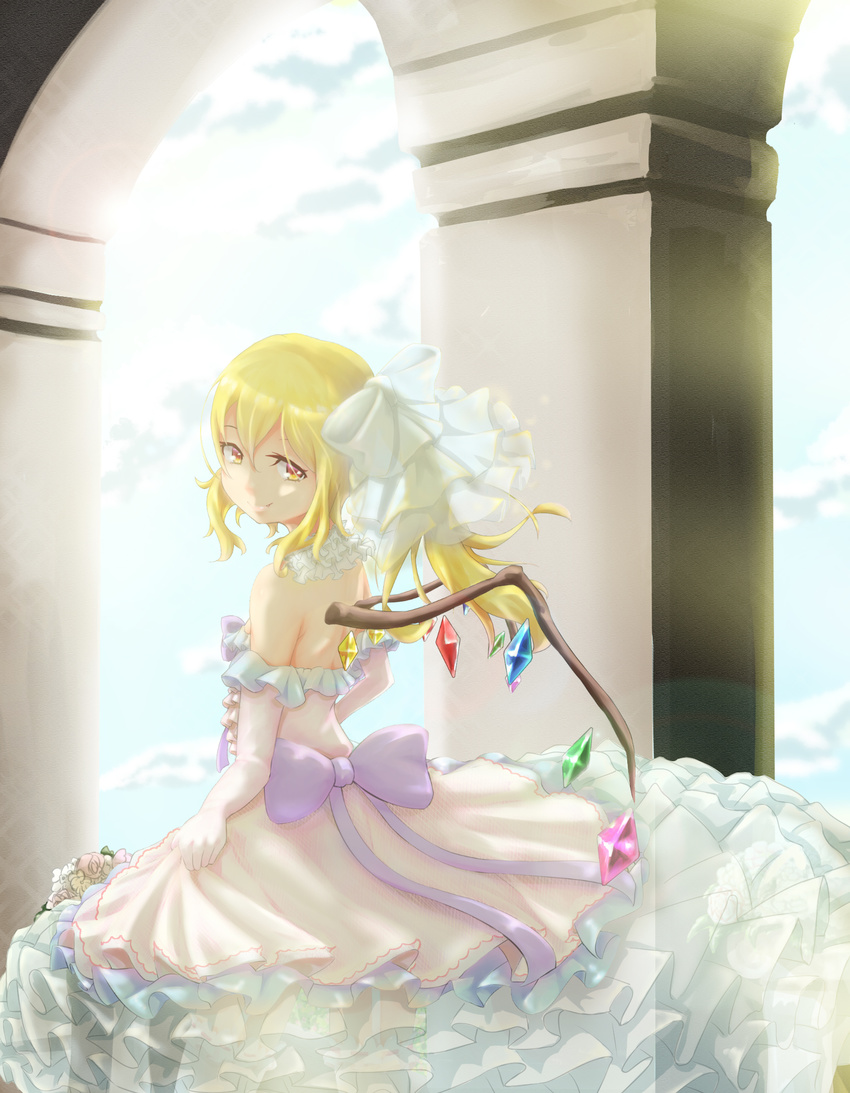 alternate_costume backless_dress backless_outfit backlighting bare_shoulders blonde_hair blue_sky bouquet bow bride chinese_commentary closed_mouth commentary_request crystal day demon_wings dress elbow_gloves fang_out female flandre_scarlet flower frilled_dress frills gloves hair_between_eyes highres ling_huanxiang long_hair looking_at_viewer looking_back oerba_yun_fang one_side_up outdoors photoshop_(medium) pillar pink_bow purple_bow rainbow_order see-through skirt_hold sky smile solo standing strapless strapless_dress sunlight touhou transparent_bow veil wedding_dress white_dress white_gloves wings yellow_eyes