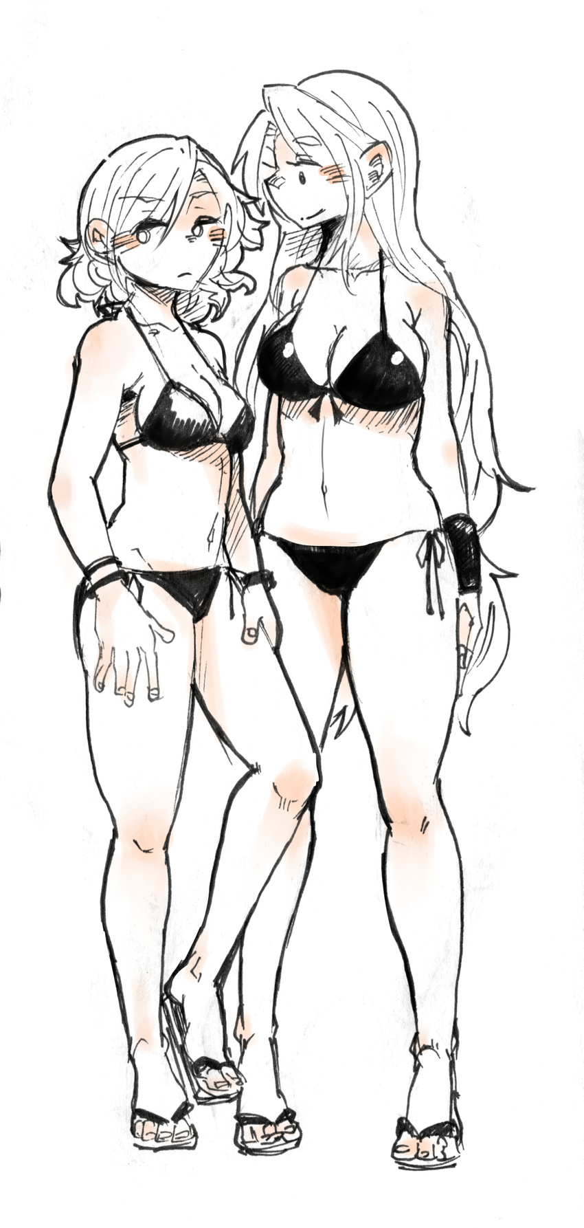 2girls absurdres bikini blush bracelet braid breasts cleavage commentary_request front-tie_bikini_top front-tie_top full_body height_difference highres hong_meiling izayoi_sakuya jewelry large_breasts long_hair monochrome multiple_girls navel ponke sandals short_hair side-tie_bikini_bottom standing swimsuit toes touhou twin_braids wristband