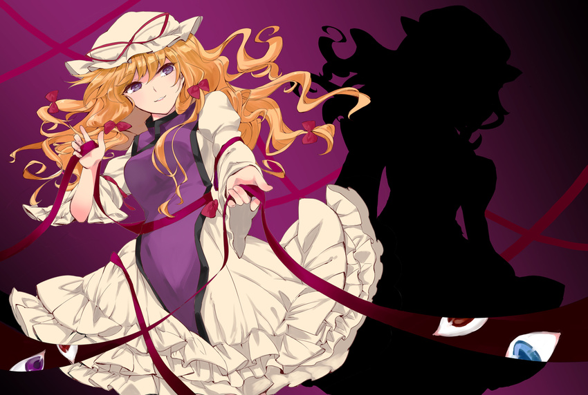 blonde_hair commentary_request dress female fujino_ichi gap_(touhou) hair_ribbon hat long_hair purple_eyes ribbon smile solo touhou yakumo_yukari