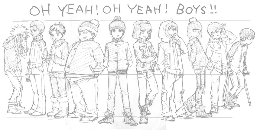 10boys 6+boys butters_stotch clyde_donovan craig_tucker dark_skin earflap_hat eric_cartman fat hat hat_pompom hood jimmy_valmer kenny_mccormick kyle_broflovski male male_focus middle_finger monochrome multiple_boys parka short_hair south_park stan_marsh standing token_black tweek_tweak