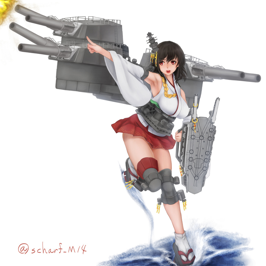 absurdres armpits black_hair breasts cannon commentary_request detached_sleeves female flight_deck geta hair_ornament headgear highres japanese_clothes kantai_collection large_breasts machinery nontraditional_miko open_mouth red_eyes scharfschutze short_hair solo standing standing_on_one_leg turret twitter_username water wide_sleeves yamashiro_(kancolle)