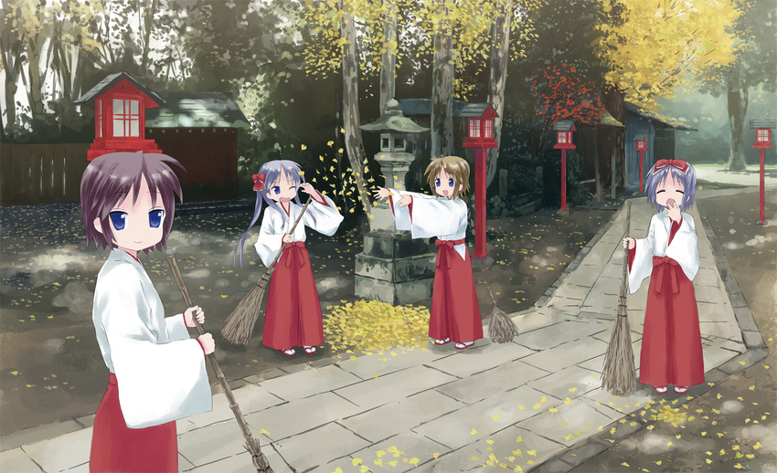 4girls bad_id bad_pixiv_id blue_eyes broom brown_hair hair_ribbon hakama hakama_skirt hiiragi_inori hiiragi_kagami hiiragi_matsuri hiiragi_tsukasa in-universe_location isou_nagi japanese_clothes lantern leaf light_purple_hair long_hair lucky_star miko multiple_girls open_mouth path pavement photoshop_(medium) profile purple_hair red_hakama ribbon road short_hair siblings sisters skirt smile stone_lantern tareme throwing tsurime twintails yawning