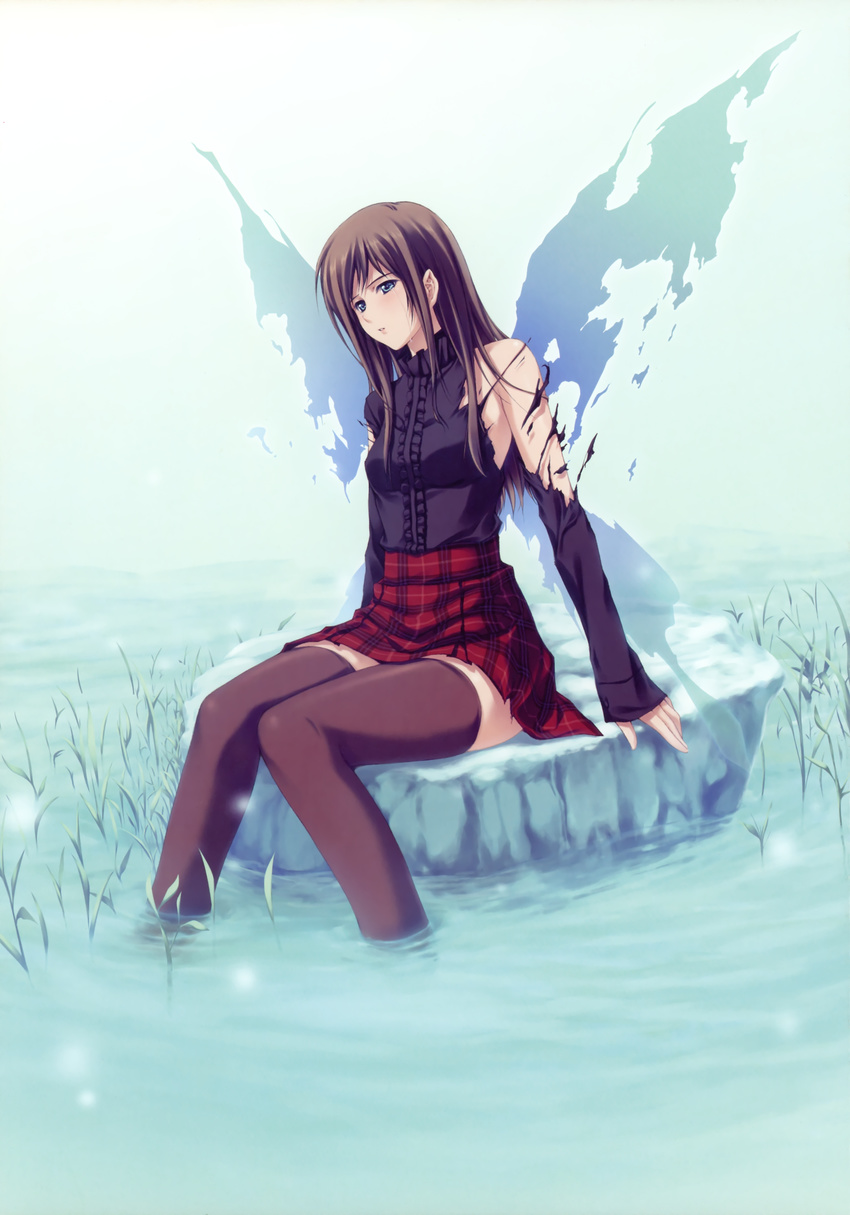 absurdres black_thighhighs blue_eyes brown_hair center_frills drawn_wings female frills highres long_hair long_legs outdoors parted_lips pp:_pianissimo red_skirt shirakawa_ayane sitting skirt soaking_feet solo sugina_miki tears thighhighs torn_clothes water wings