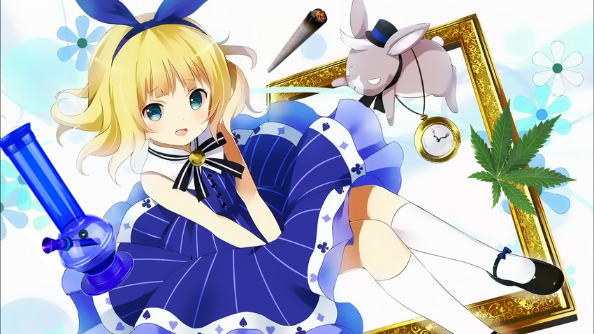 blonde_hair blue_dress blunt bong bow bunny dress edit female gochuumon_wa_usagi_desu_ka? gochuumon_wa_usagi_desuka? green_eyes kirima_sharo marijuana stoned watch weed