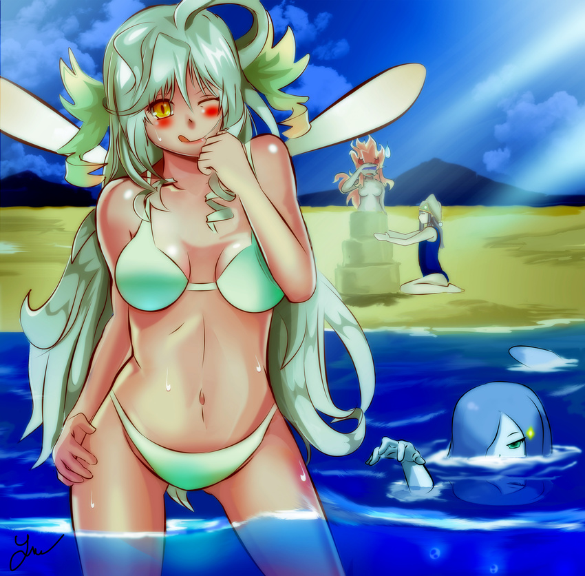 4girls absurdres ahoge alternate_form aqua_eyes artist_name beach bikini blue_hair blush breasts brown_hair cleavage closed_eyes cloud commentary_request day drill_hair facepalm gnome_(mon-musu_quest!) green_hair groin hair_over_one_eye hand_on_own_thigh hat highres jamjamstyle lips long_hair medium_breasts mon-musu_quest! mountain multiple_girls navel no_mouth no_nipples nude one-piece_swimsuit one_eye_closed one_eye_covered orange_hair outdoors outline parted_bangs partially_submerged photoshop_(medium) reflection salamander_(mon-musu_quest!) sand_castle sand_sculpture shadow shiny_skin sidelocks sky sparkle sunlight sweatdrop swimsuit sylph_(mon-musu_quest!) tail tongue tongue_out undine_(mon-musu_quest!) water yellow_eyes