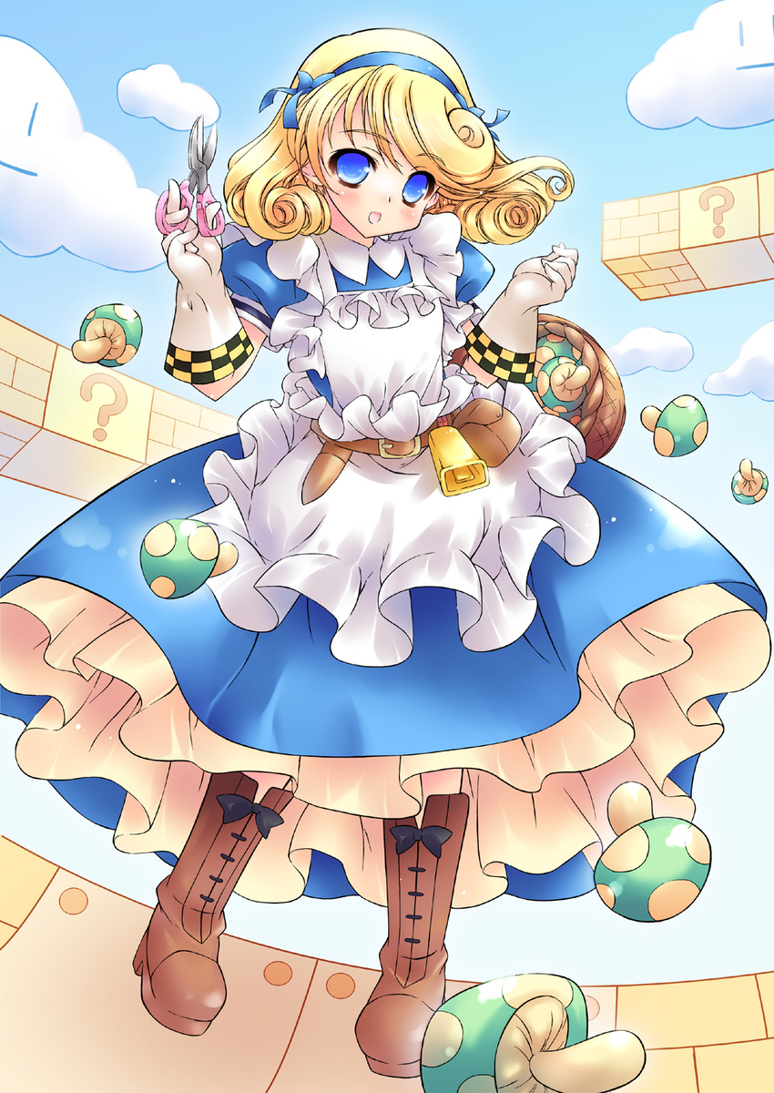 1up ?_block apron bad_id bad_pixiv_id basket blonde_hair blue_eyes boots farmer_(sekaiju) farmer_4_(sekaiju) female gloves highres hotei_kazuha mario_(series) mushroom photoshop_(medium) sekaiju_no_meikyuu sekaiju_no_meikyuu_3 short_hair solo super_mario_bros._1