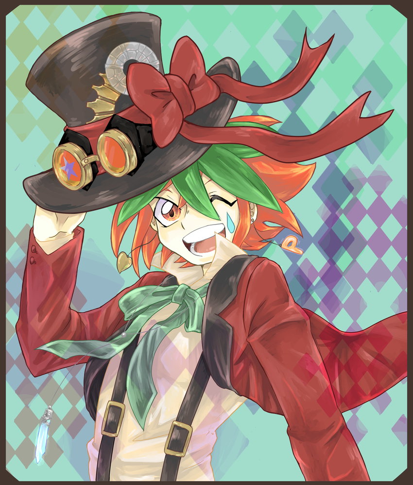 1boy ;d bad_id bad_pixiv_id blazer bow dyed_bangs earrings goggles goggles_on_headwear green_hair hat highres jacket jewelry male_focus multicolored_hair one_eye_closed open_mouth pendant red_eyes red_hair sakaki_yuya smile solo suspenders top_hat yellowking_hiro yu-gi-oh! yu-gi-oh!_arc-v