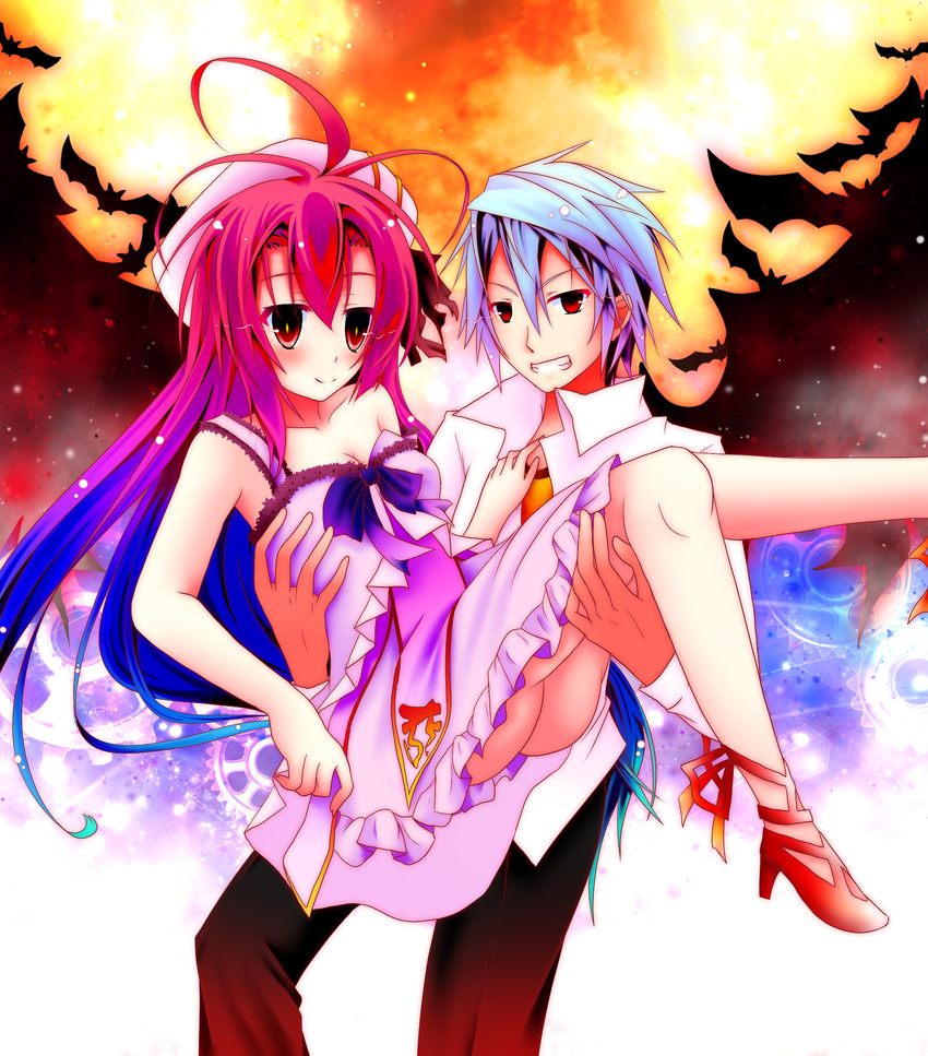 1boy ahoge blue_hair carrying choker commentary_request couple demon_wings dress female gradient_hair grey_hair hat highres itsuka_tenma_no_kuro_usagi kurogane_taito long_hair mii_aki multicolored_hair princess_carry purple_hair red_eyes saito_himea school_uniform short_hair smile straight very_long_hair wings