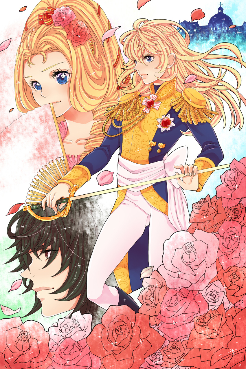 1boy 2girls aiguillette andre_grandier blonde_hair commentary_request drill_hair epaulettes flower hair_flower hair_ornament hand_fan highres marie_antoinette_(versailles_no_bara) matano_maya military military_uniform multiple_girls oscar_francois_de_jarjayes pants petals rapier red_flower red_rose rose rose_petals sword uniform versailles_no_bara weapon white_pants