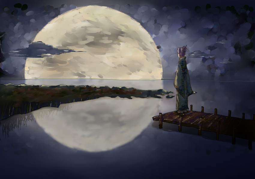 akairi arms_at_sides benten-sama_(uchouten_kazoku) cloud commentary_request female floral_print full_moon geta green_kimono hair_bun hair_ornament impressionism japanese_clothes kimono moon night night_sky pier purple_hair reflection reflective_water single_hair_bun sky socks uchouten_kazoku water