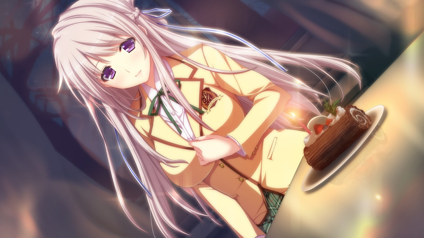 candle female game_cg gray_hair grey_hair hatsukoi_1/1 hatsukoi_1_1 iizuki_tasuku long_hair makabe_midori purple_eyes school_uniform smile sweat