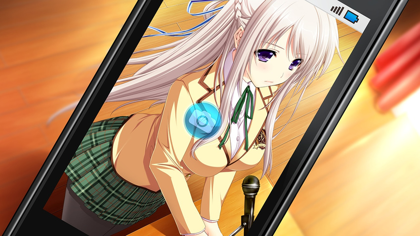 cellphone curtains female game_cg gray_hair grey_hair hatsukoi_1/1 hatsukoi_1_1 iizuki_tasuku long_hair makabe_midori microphone phone purple_eyes school_uniform