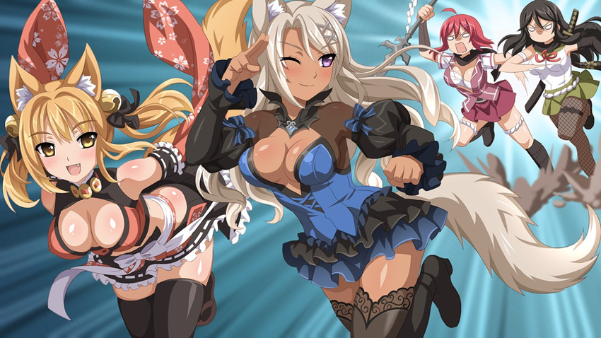 4girls ahoge angry animal_ears black_hair blonde_hair breasts chasing cleavage cleavage_cutout detached_sleeves emphasis_lines female fishnet_pantyhose fishnets fox_ears fox_tail hair_ornament hikage_narumi large_breasts long_hair multiple_girls oerba_yun_fang one_eye_closed open_mouth pantyhose polearm purple_eyes red_hair running sakura_spirit sakurano_machiko sakurano_maeko school_uniform short_hair smile spear sukino_miyo sword tail thighhighs tsukino_miyo twintails wanaca weapon white_hair wink yellow_eyes