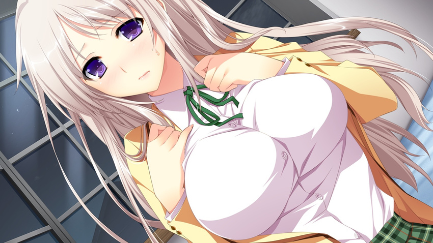 breasts female game_cg gray_hair grey_hair hatsukoi_1/1 hatsukoi_1_1 iizuki_tasuku long_hair makabe_midori purple_eyes school_uniform solo window