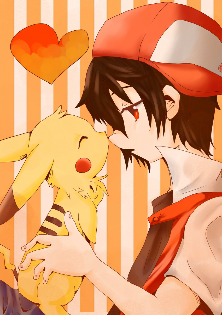 2011 ambiguous_gender black_hair brown_body brown_fur closed_eyes clothed clothing duo feral fur generation_1_pokemon hair hat headgear headwear heart_symbol hi_res human male mammal nintendo pikachu pokemon pokemon_(species) pokemon_trainer red's_pikachu red_(pokemon) red_eyes simple_background usagigahitori yellow_body yellow_fur