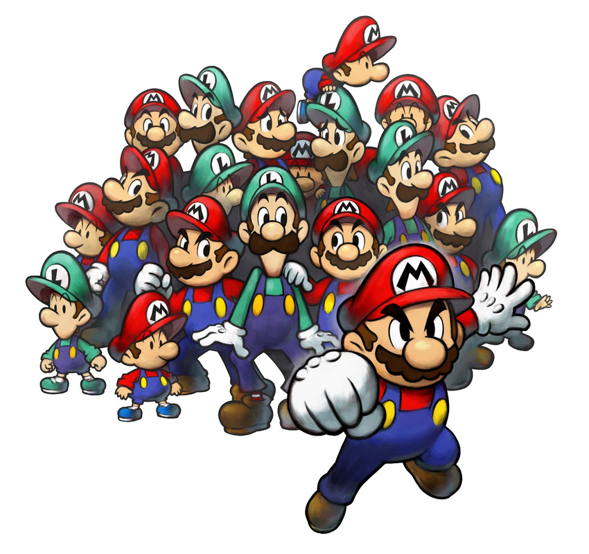 6+boys adult baby baby_luigi baby_mario boots brothers cap clenched_hand clone clones eye_contact facial_hair fighting_stance gloves hand_on_shoulder hat highres looking_at_another luigi male male_focus mario mario_&_luigi mario_&_luigi:_partners_in_time mario_(series) moustache multiple_boys nintendo official_art older partners_in_time pose sex shoes siblings super_mario_bros. suspenders time_paradox white_background young younger