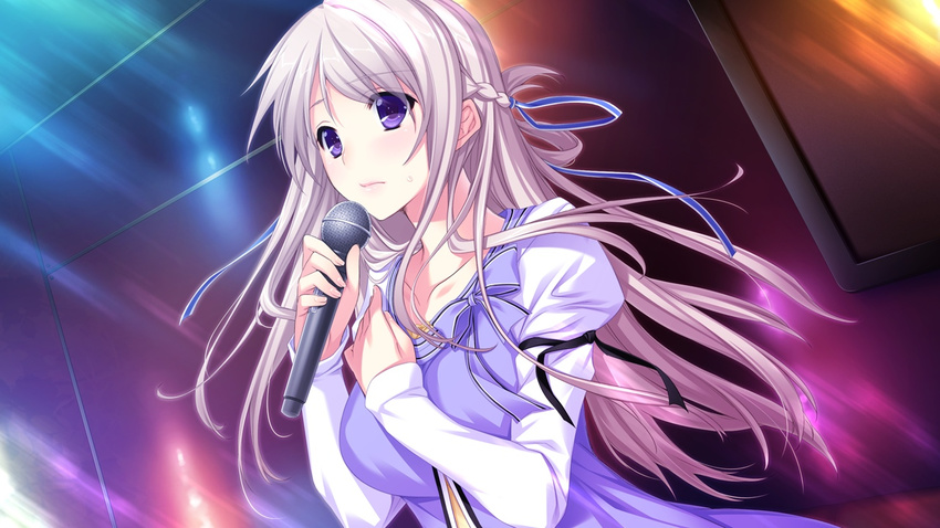 female game_cg gray_hair grey_hair hatsukoi_1/1 hatsukoi_1_1 iizuki_tasuku long_hair makabe_midori microphone purple_eyes