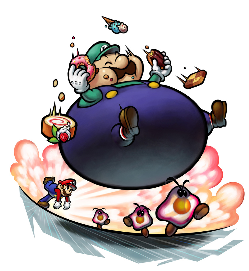 2boys absurdres bowser's_inside_story brothers cake cookie doughnut eating facial_hair fat fat_man food fruit goombule highres ice_cream luigi male male_focus mario mario_&_luigi mario_&_luigi:_bowser's_inside_story mario_(series) moustache multiple_boys nintendo obese official_art pastry siblings strawberry super_mario_bros. throwing