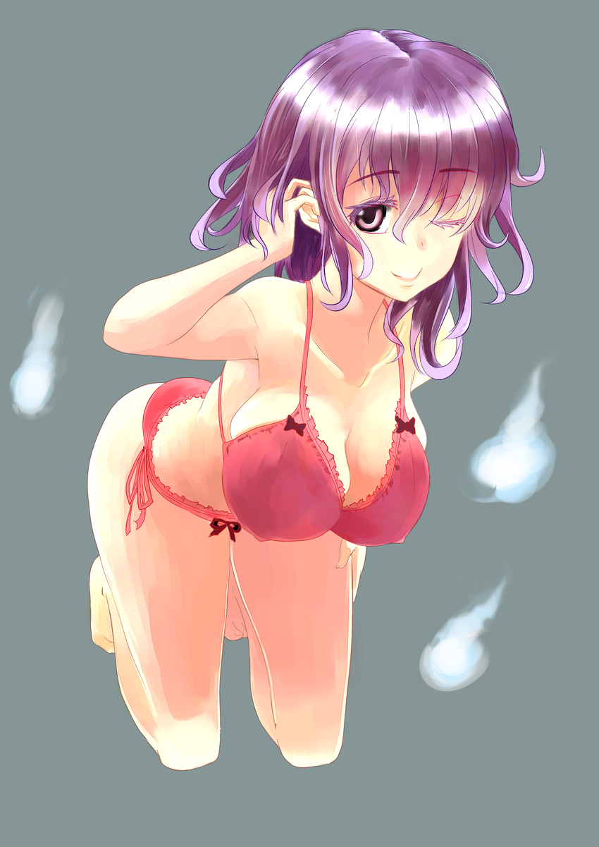 ;) absurdres bad_id bad_pixiv_id bra breasts cleavage covered_nipples female hanging_breasts highres large_breasts lingerie looking_at_viewer marubororaito no_headwear one_eye_closed panties pink_bra purple_eyes purple_hair saigyouji_yuyuko short_hair smile solo spirit touhou underwear underwear_only