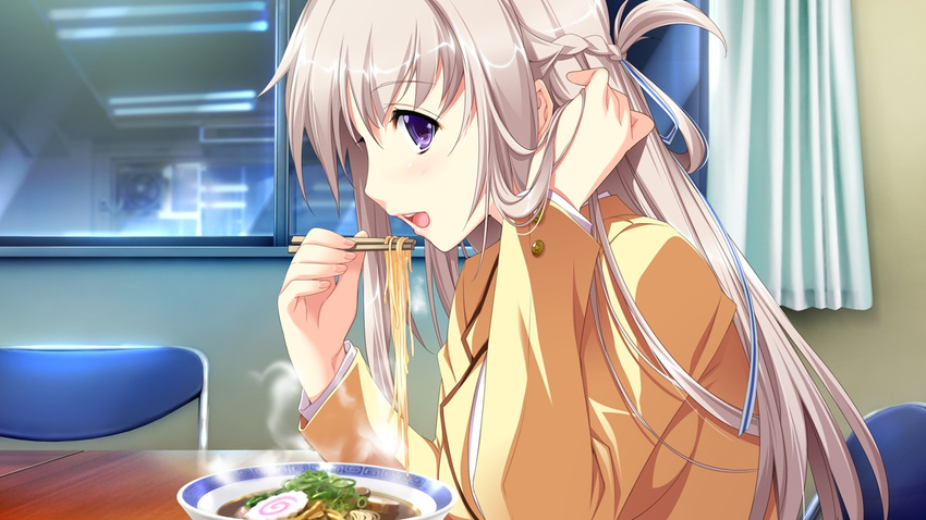 curtains eating female food game_cg gray_hair grey_hair hatsukoi_1/1 hatsukoi_1_1 iizuki_tasuku long_hair makabe_midori open_mouth purple_eyes school_uniform window