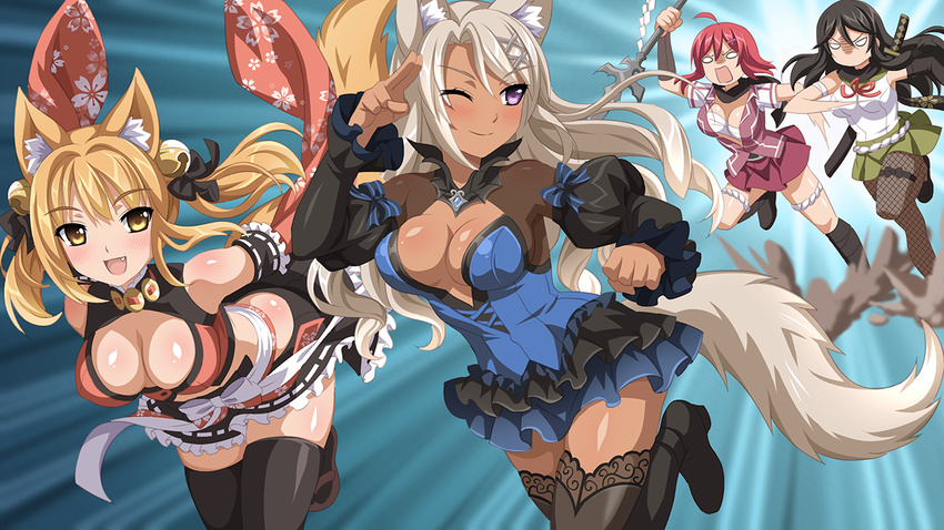 4girls :d ;) ahoge angry animal_ears arm_garter arm_up armband bare_shoulders bell bent_over black_hair black_legwear blue_gemstone blush boots bow breasts brooch center_opening chasing cherry_blossom_print cleavage clenched_hand closed_mouth crop_top cross-laced_clothes dark-skinned_female dark_skin detached_sleeves dress dust fishnet_pantyhose fishnets floral_print fox_ears fox_tail frills game_cg gem hair_bell hair_intakes hair_ornament hair_ribbon halterneck hand_up high_heels hikage_narumi holding holding_weapon japanese_clothes jewelry jingle_bell katana knee_boots lace lace-trimmed_legwear lace_trim large_breasts layered_dress leg_lift light_brown_hair long_hair looking_at_another looking_at_viewer midriff miniskirt multiple_girls naginata no_bra no_pupils oerba_yun_fang one_eye_closed open_clothes open_mouth open_shirt pantyhose pleated_skirt polearm puffy_sleeves purple_eyes red_hair ribbon ribbon_trim sakura_spirit sakurano_machiko sakurano_maeko salute sandals sarashi school_uniform serafuku sheath sheathed shiny_skin shirt short_dress short_hair short_sleeves sidelocks skirt smile spear speed_lines sukino_miyo sword sword_behind_back tail thigh_strap thighhighs turtleneck twintails two-finger_salute very_long_hair wanaca weapon wide_sleeves x_hair_ornament yellow_eyes zettai_ryouiki