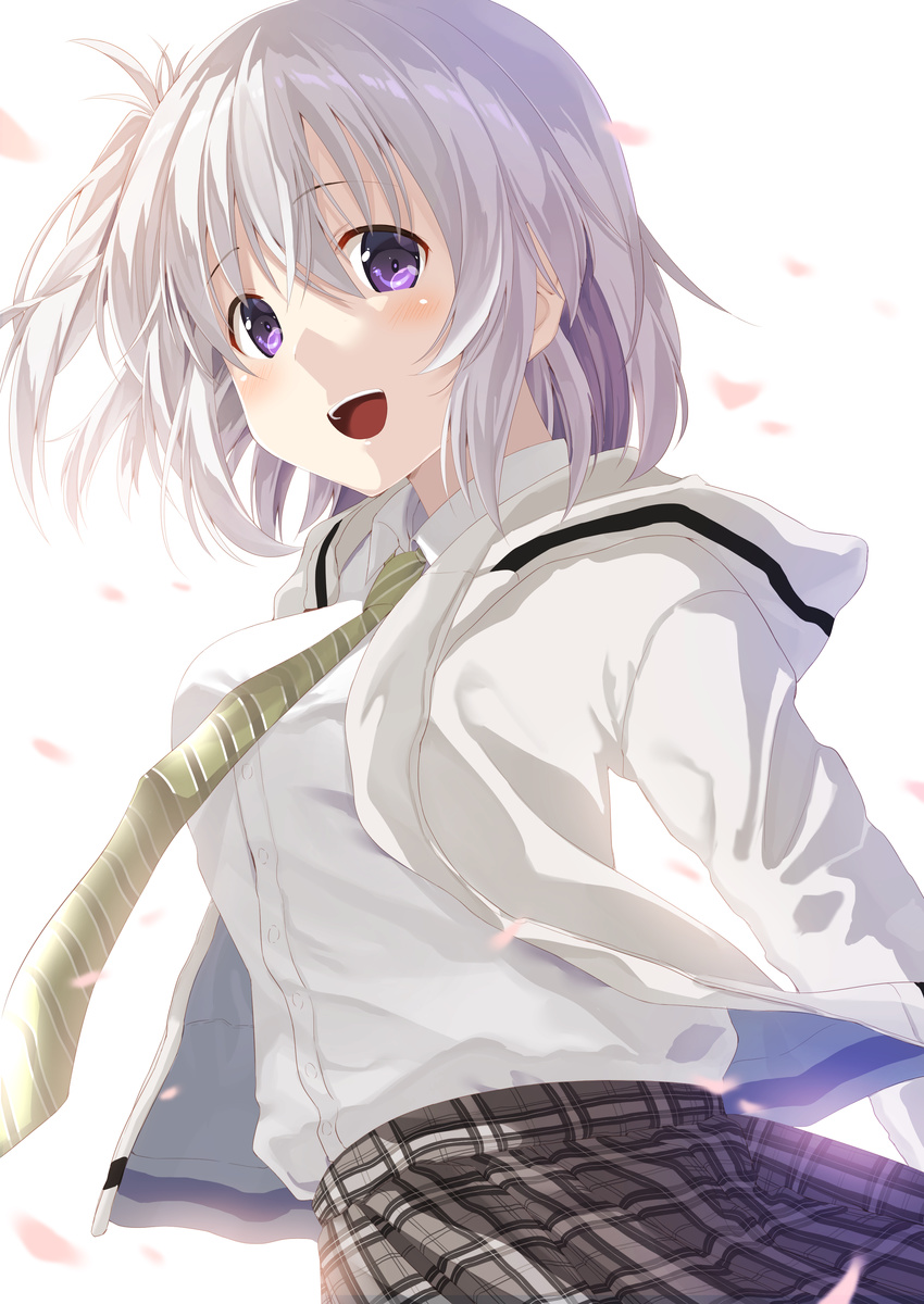 absurdres ai_(re:lief) blush collared_shirt commentary_request female grey_hair highres hood hoodie kukiha looking_at_viewer necktie open_mouth plaid plaid_skirt purple_eyes re:lief_~shin'ai_naru_anata_e~ shirt short_hair short_ponytail side_ponytail skirt smile solo striped striped_necktie twisted_torso