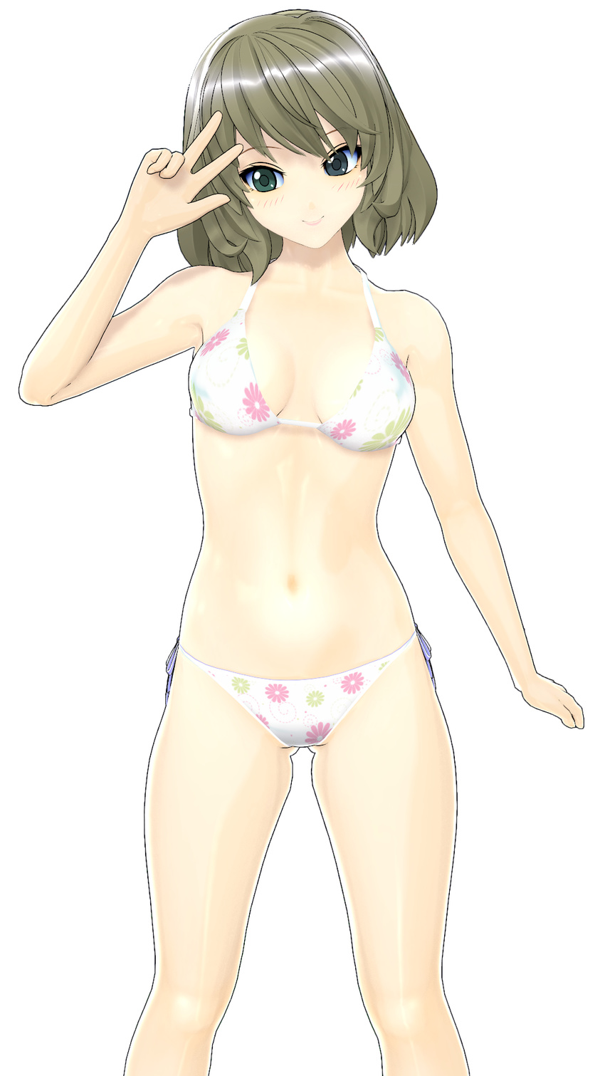 3d artificial_academy_2 bad_id bad_pixiv_id bikini black_eyes breasts commentary_request female green_eyes grey_hair halterneck heterochromia highres idolmaster idolmaster_cinderella_girls kyanos medium_breasts navel short_hair side-tie_bikini_bottom smile solo standing string_bikini swimsuit takagaki_kaede transparent_background v