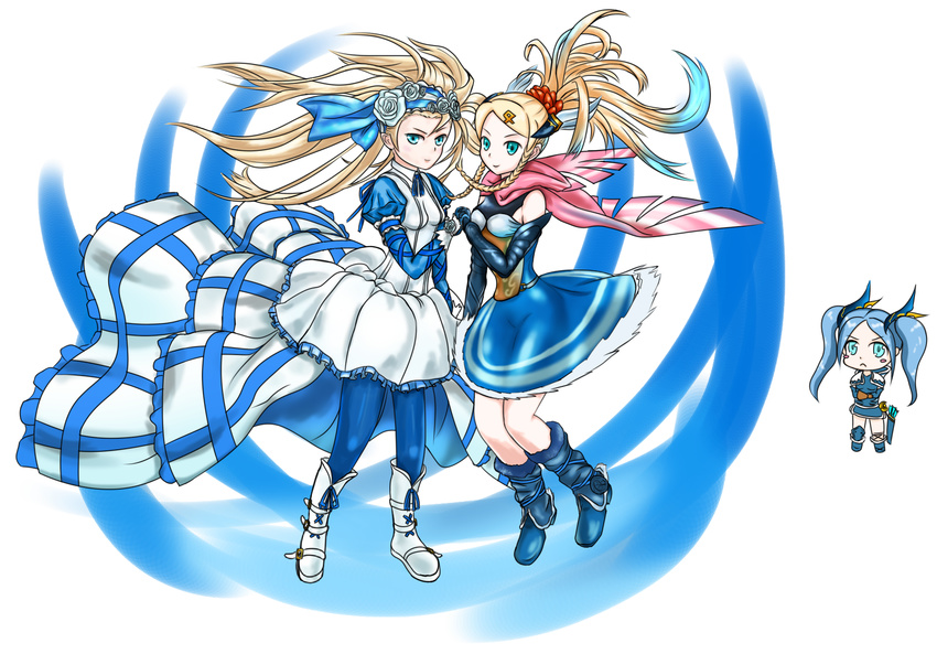 3girls bare_shoulders blonde_hair blue_eyes blue_hair boots commentary_request dress flower g-3_(g3tkg56) hair_flower hair_ornament hairband hairclip highres idunn_&_idunna long_hair multiple_girls noah_(p&d) own_hands_clasped own_hands_together pantyhose ponytail puzzle_&_dragons rose twintails white_dress white_flower white_footwear white_rose