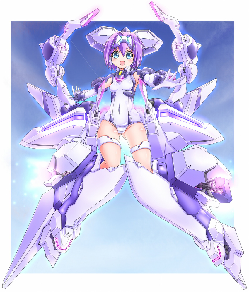 blue_eyes commentary_request exelica female flying highres karukan_(monjya) mecha_musume neon_trim one-piece_swimsuit purple_hair school_swimsuit short_hair solo swimsuit trigger_heart_exelica white_one-piece_swimsuit