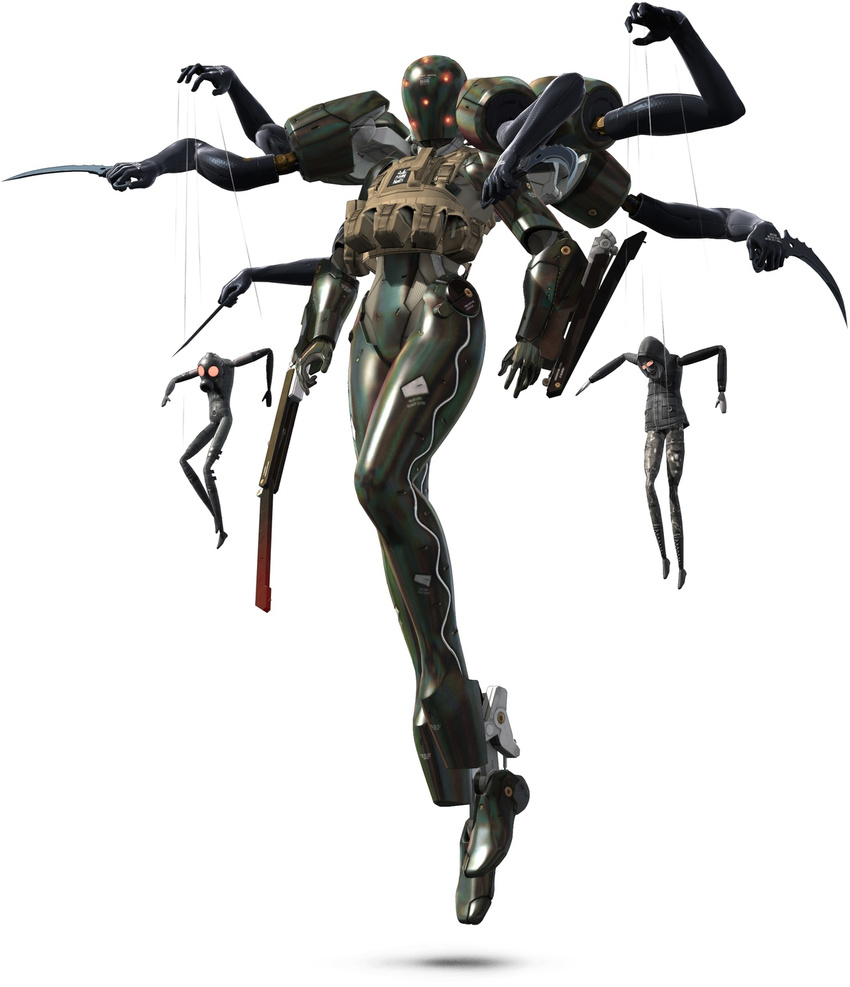 3d armor cg female female floating full_body highres knife marionette mecha metal_gear metal_gear_(series) metal_gear_solid metal_gear_solid_4 multiple_arms power_suit psycho_mantis puppet screaming_mantis simple_background solo the_sorrow weapon white_background