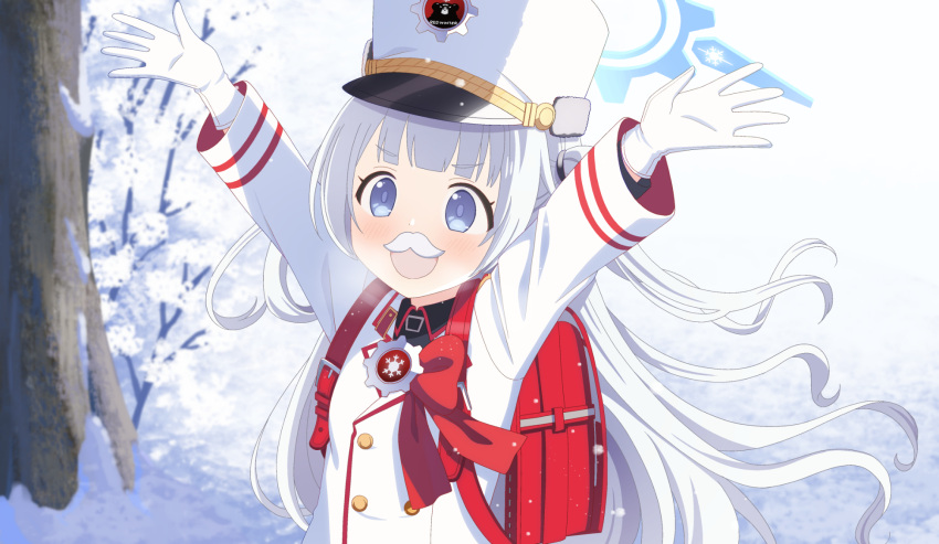 arms_up backpack bag blue_archive blush cherino_(blue_archive) coat fake_facial_hair fake_mustache female gloves halo hat highres ikawa_waki military military_hat military_uniform outdoors randoseru red_ribbon ribbon shako_cap smile snow solo teeth uniform upper_body upper_teeth_only white_coat white_gloves white_hair